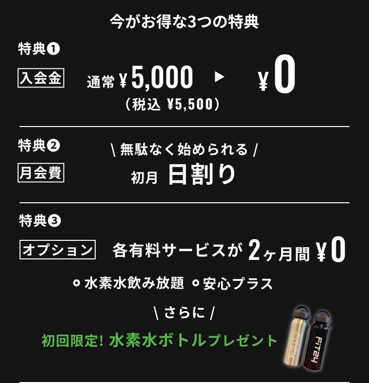 新規入会キャンペーン特典 入会金0円 月会費初月日割り 水素水飲み放題・安心プラスが2ヶ月間0円 初回限定水素水ボトルプレゼント