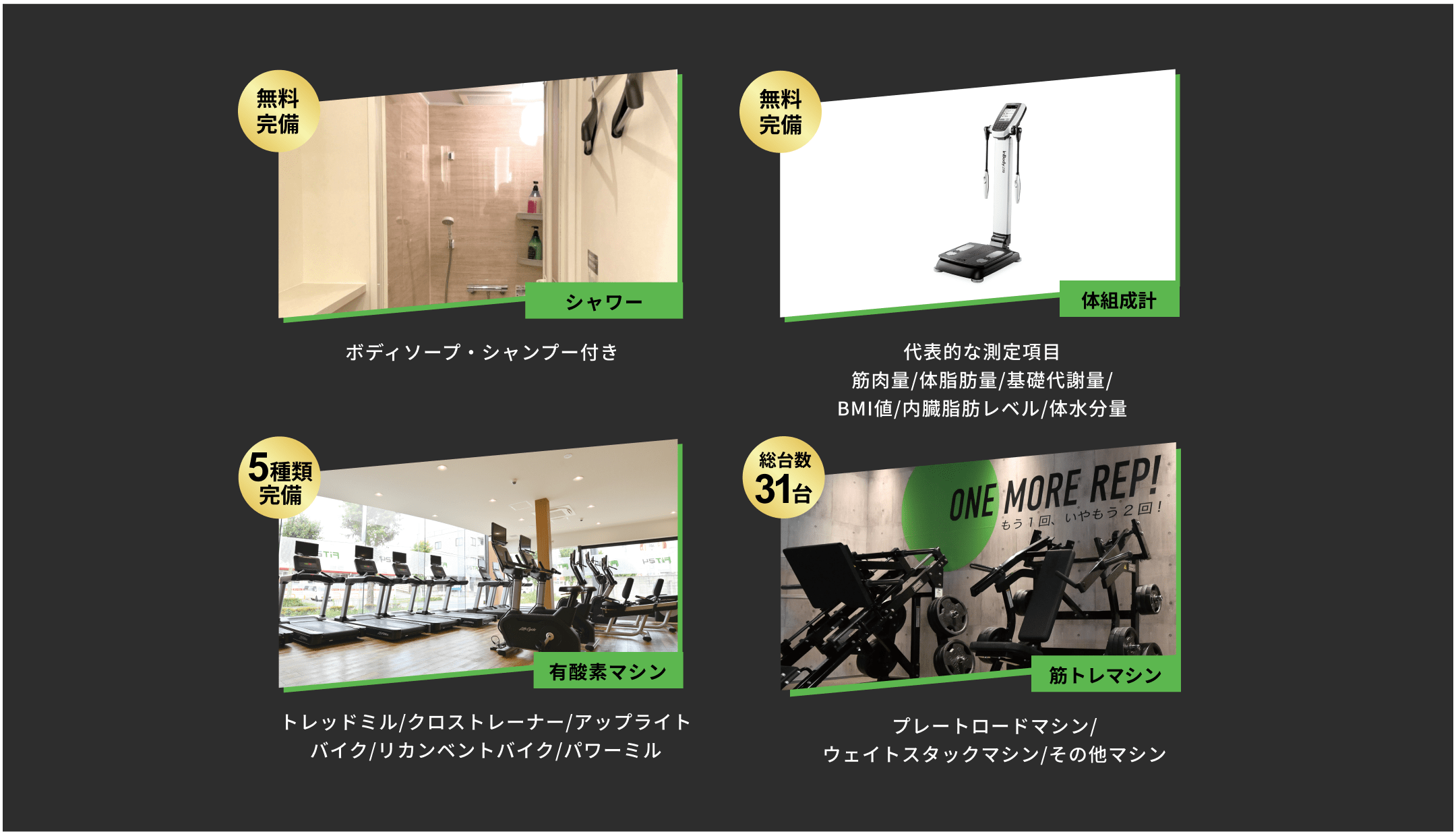 仙台鈎取店の4つの強み。シャワー完備(ボディソープ・シャンプー付き)、体組成計で筋肉量や体脂肪量を測定可能。有酸素マシン5種類31台、筋トレマシン各種を完備。